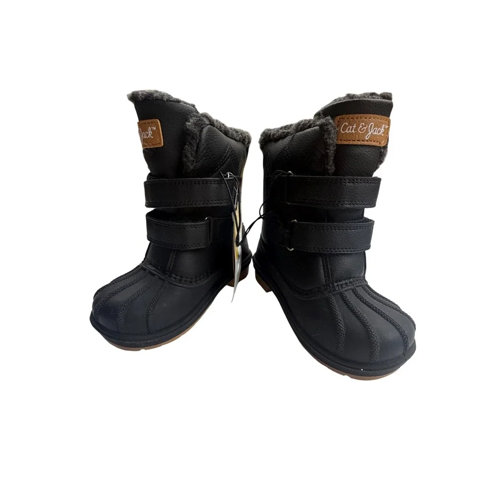 Cat & Jack Toddler Boys Black Winter Snow Boots Faux Fur Lined Size 8
